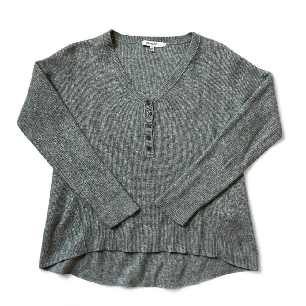 Madewell Waffle Knit Henley Sweater Womens XS Gray Wool Alpaca High Low Relaxed